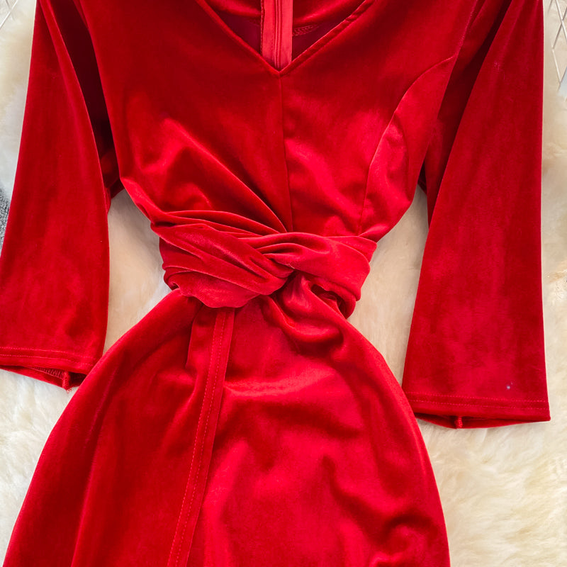 Robe longue en velours à col en V élégante Fahsion Dress 10938
