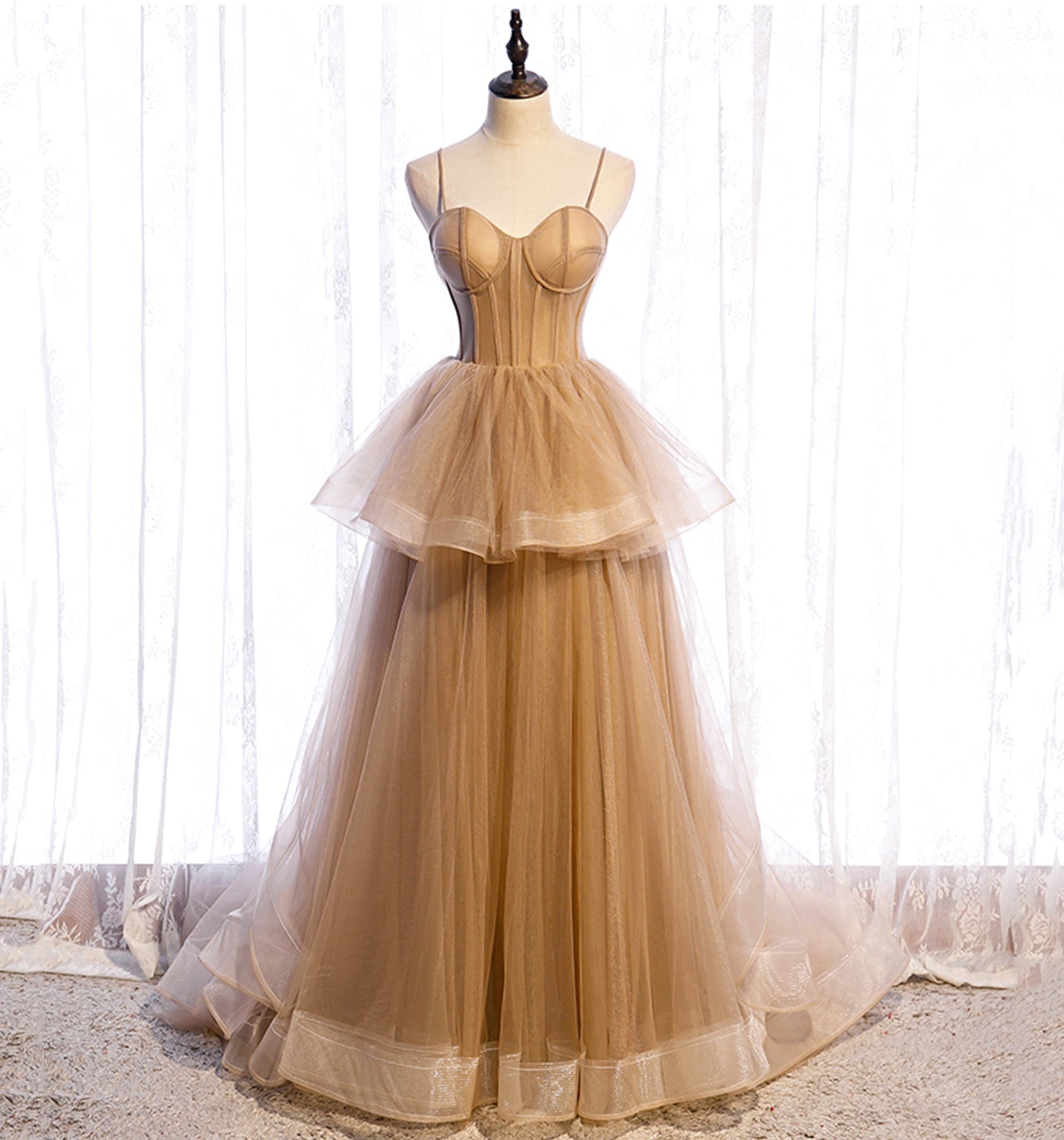 Cute tulle long A line prom dress A line evening gown  10010