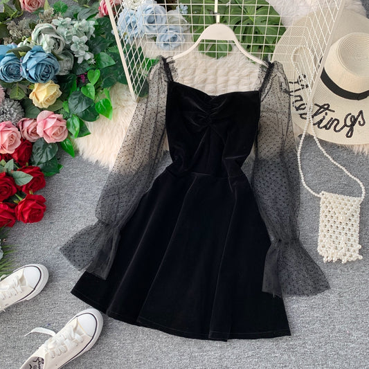 Schwarzes kurzes Samtkleid Schwarzes Modekleid 10941