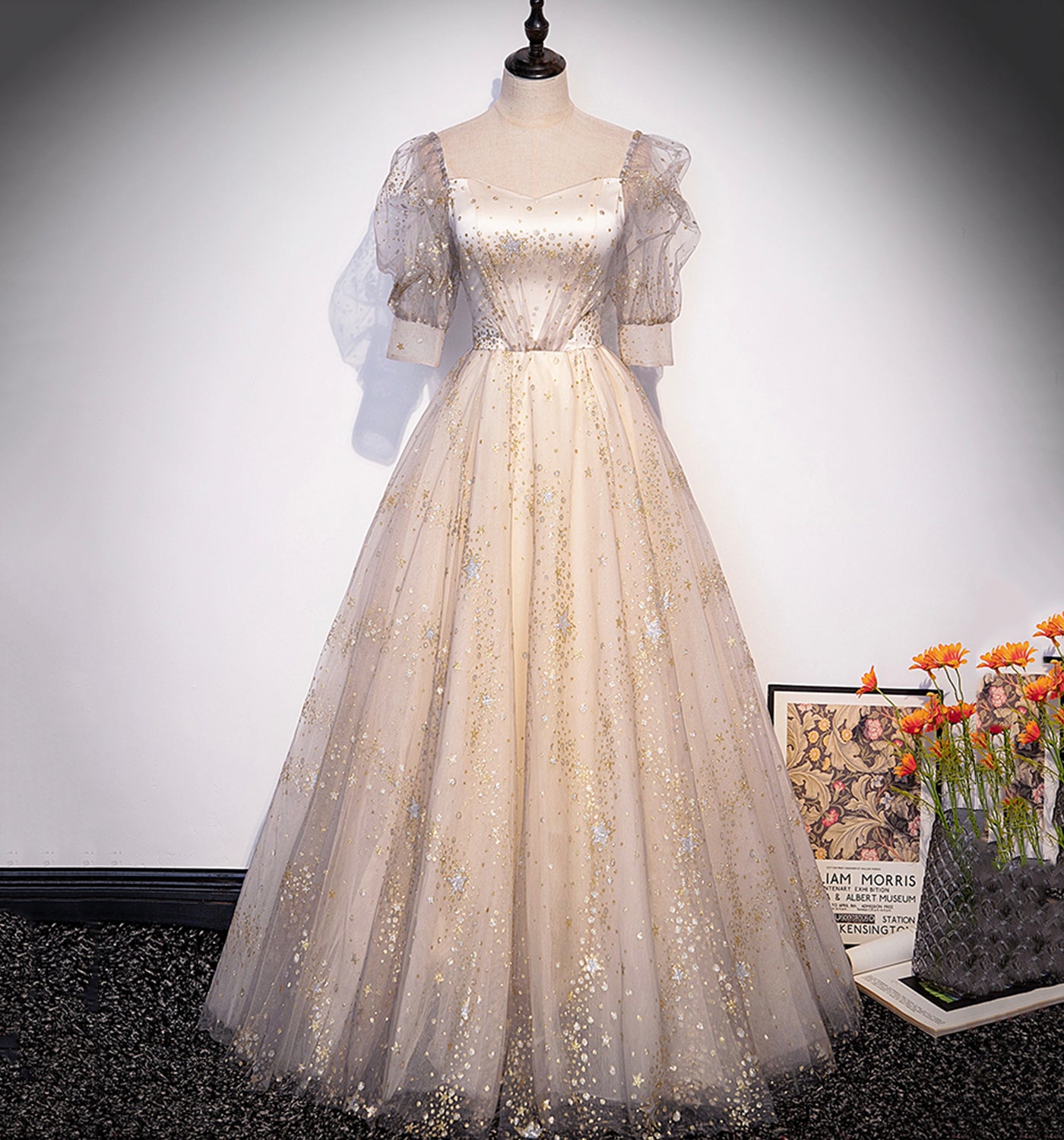 Champagner Tüll Pailletten langes Ballkleid Abendkleid 10004