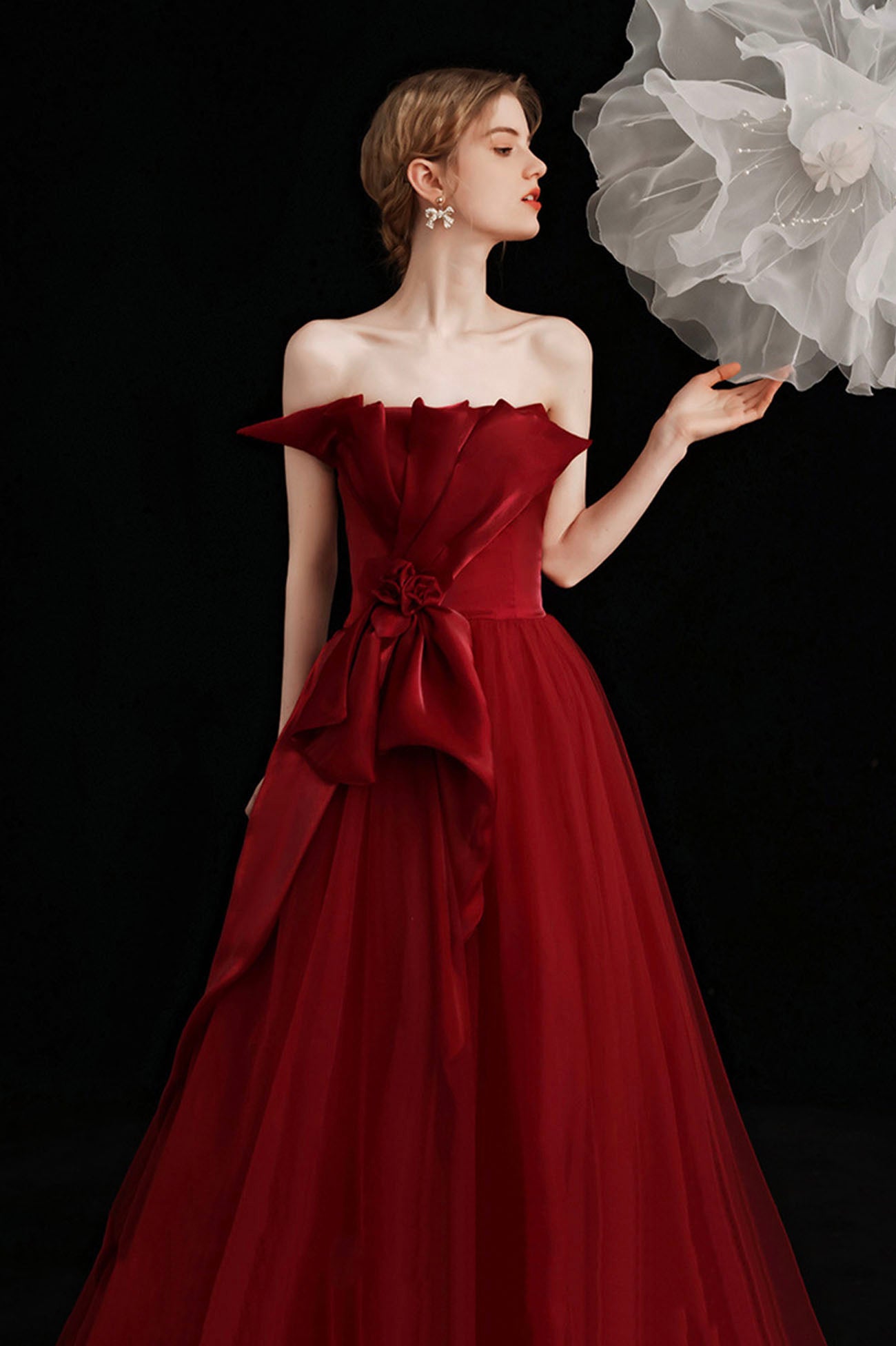 Burgund Tüll langes Ballkleid A-Linie Abendkleid 10603