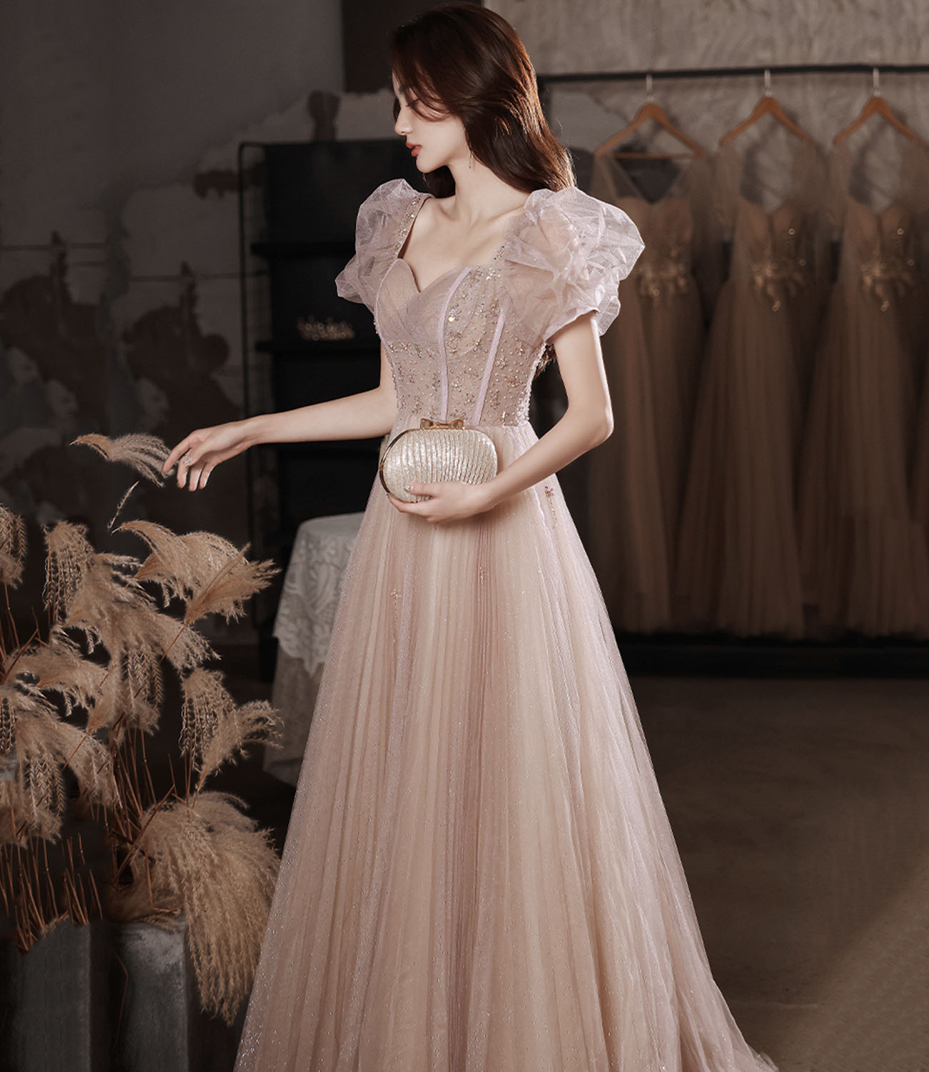 Rosa Tüll Perlen langes Ballkleid A-Linie Abendkleid 10320