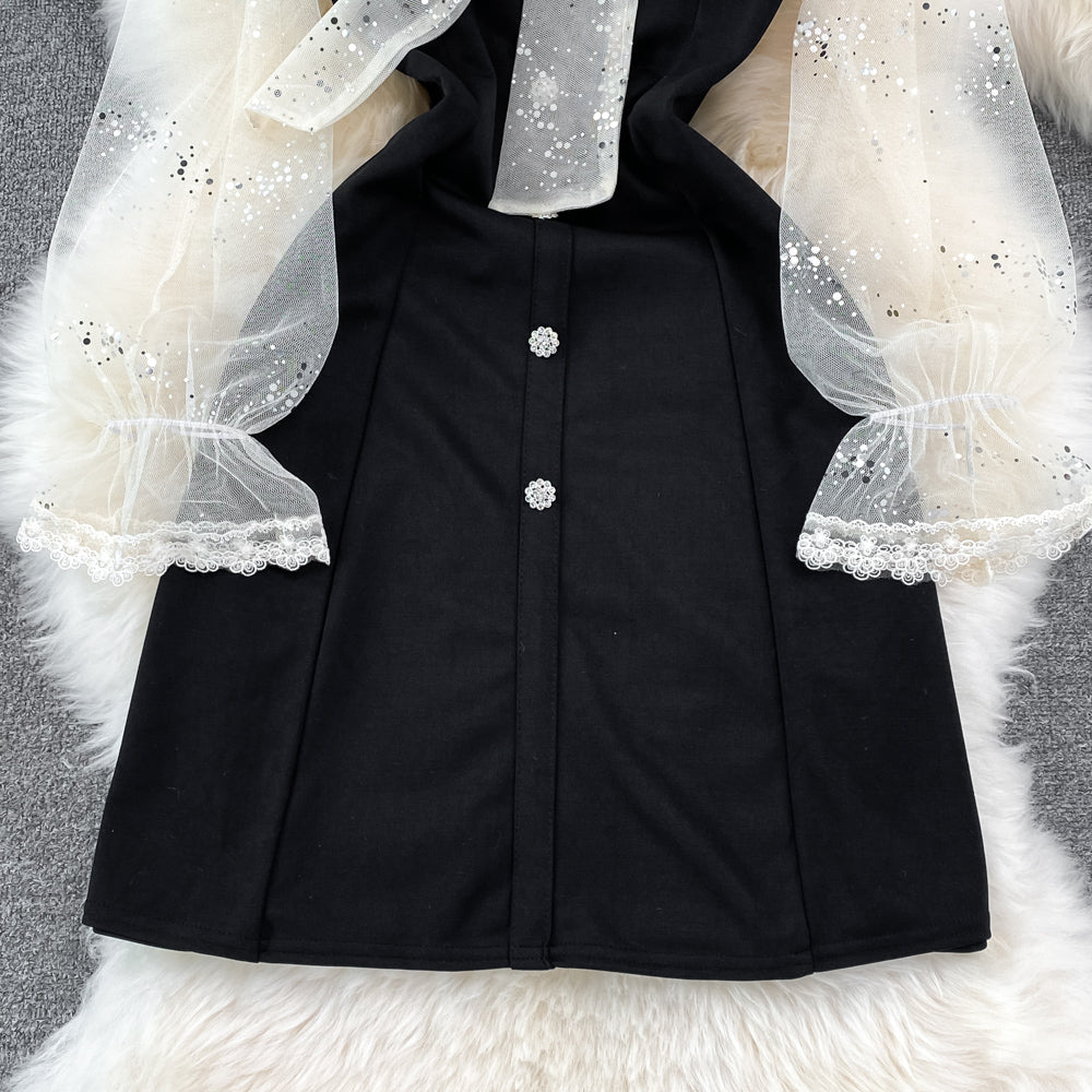 Jupe courte noire à col en V et maille à sequins Hepburn française 11132