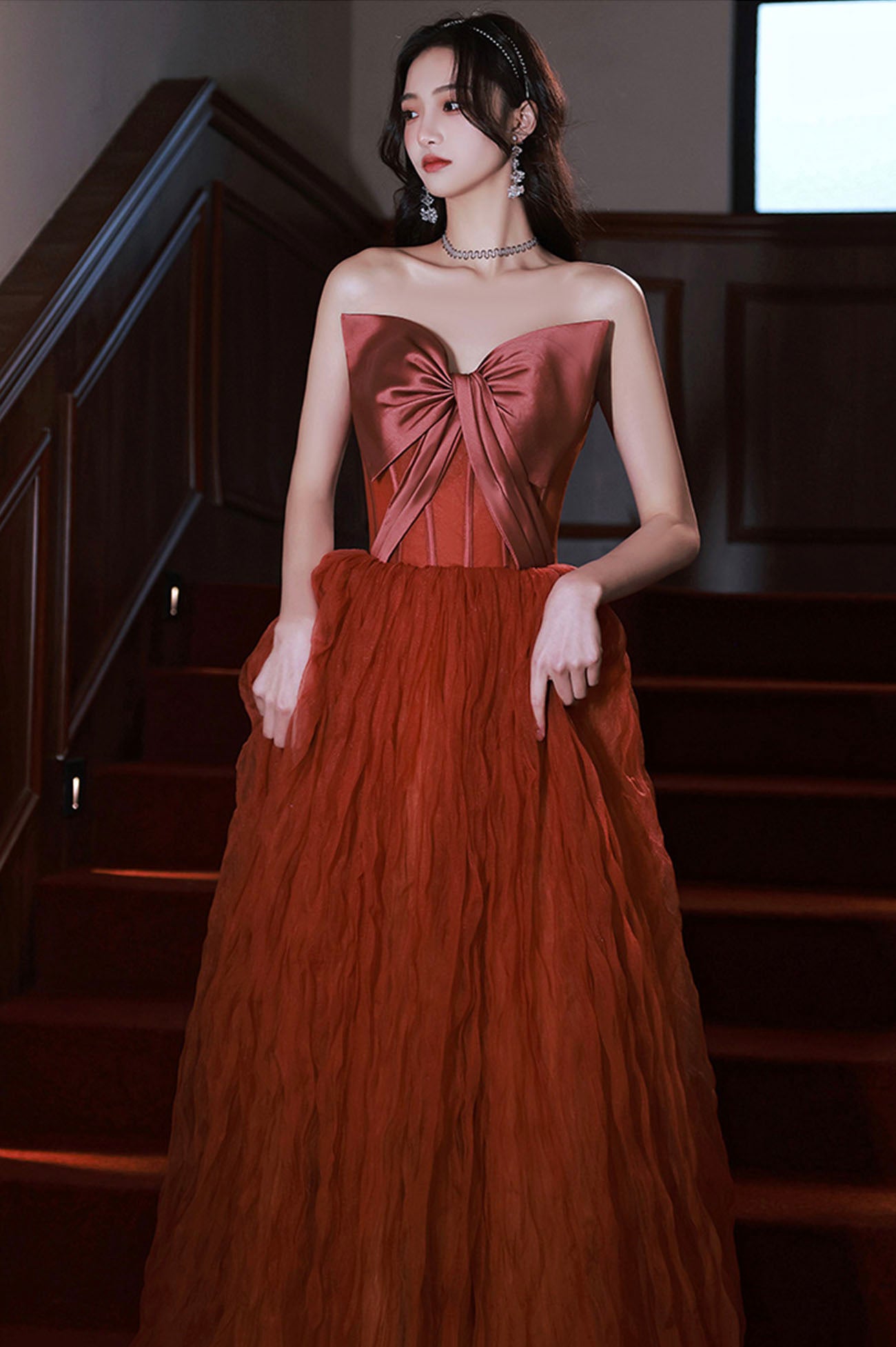 Robe de soirée longue en tulle satiné bordeaux Robe de soirée trapèze 10649