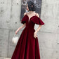 Burgundy velvet long prom dress A line evening dress  10371