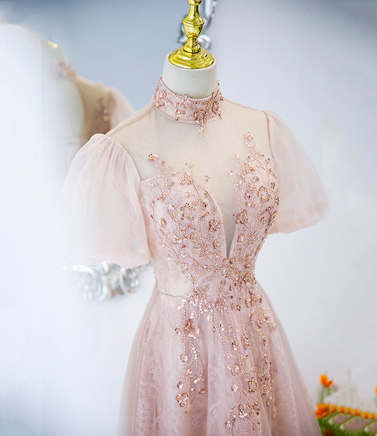 Rosa Tüll Perlen langes Ballkleid A-Linie Abendkleid 10400