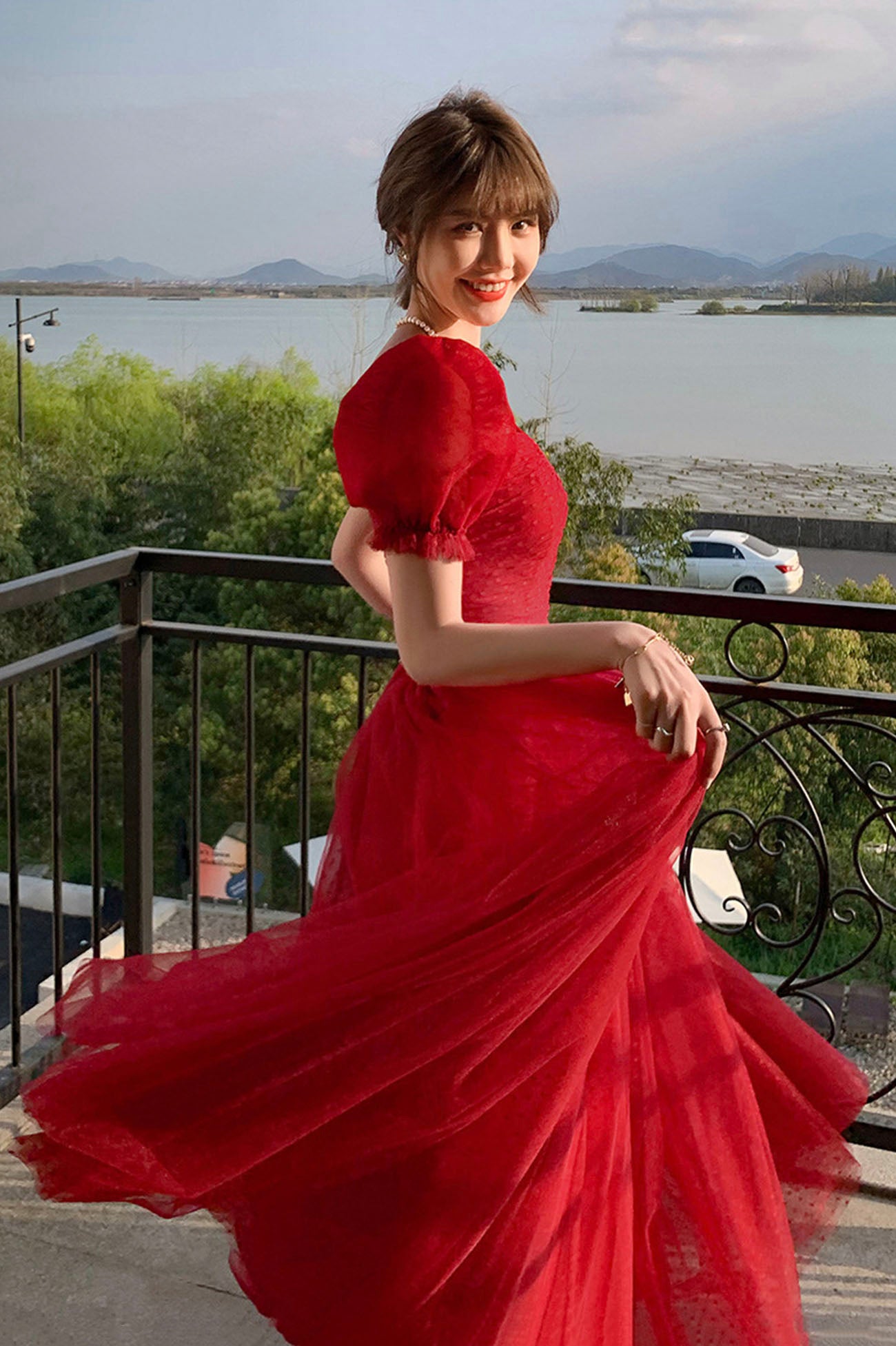 Red tulle long prom dress A line evening dress  10602