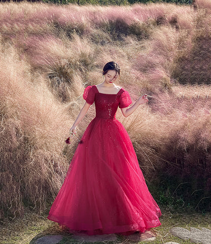 Rote Tüllperlen langes Ballkleid A-Linie Abendkleid 10303