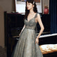 Robe de soirée trapèze en tulle gris à paillettes 10433