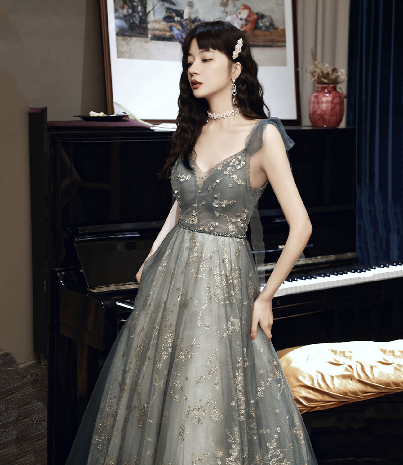Robe de soirée trapèze en tulle gris à paillettes 10433