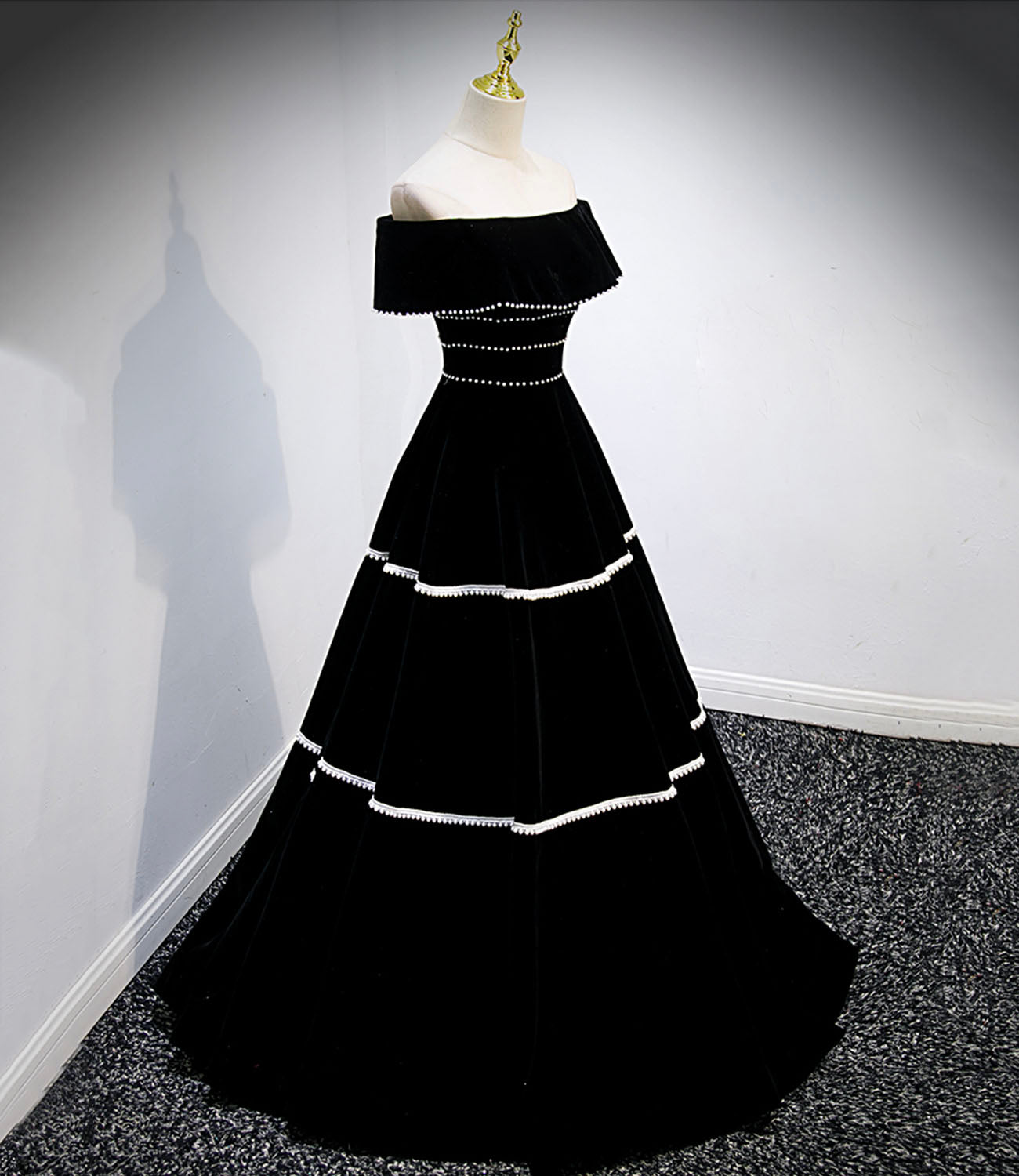 Robe de bal longue en velours noir, robe de soirée noire 10157