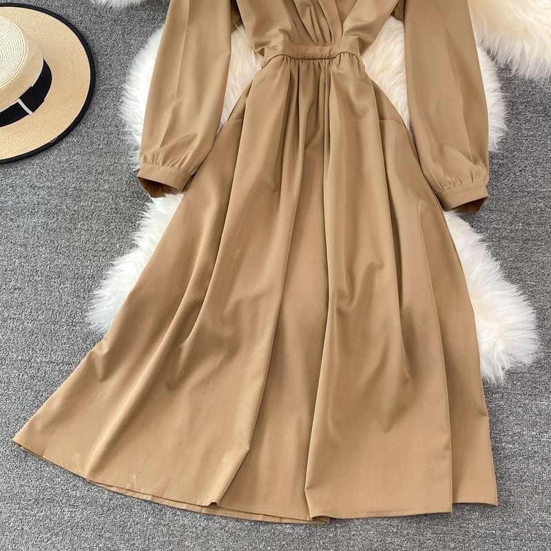 Simple V Neck Long Sleeve Dress Fashion Dress  10874