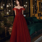 Burgundy tulle beads long prom dress A line evening gown  10481