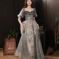 Gray tulle sequins long prom dress gray evening dress  10252