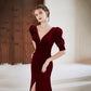 Burgundy velvet long prom dress mermaid evening dress  10414