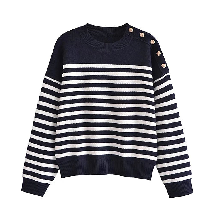 Lockerer gestreifter Pullover mit goldfarbener Brust 7732