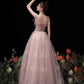 Rosa Tüll Perlen langes Ballkleid A-Linie Abendkleid 10429