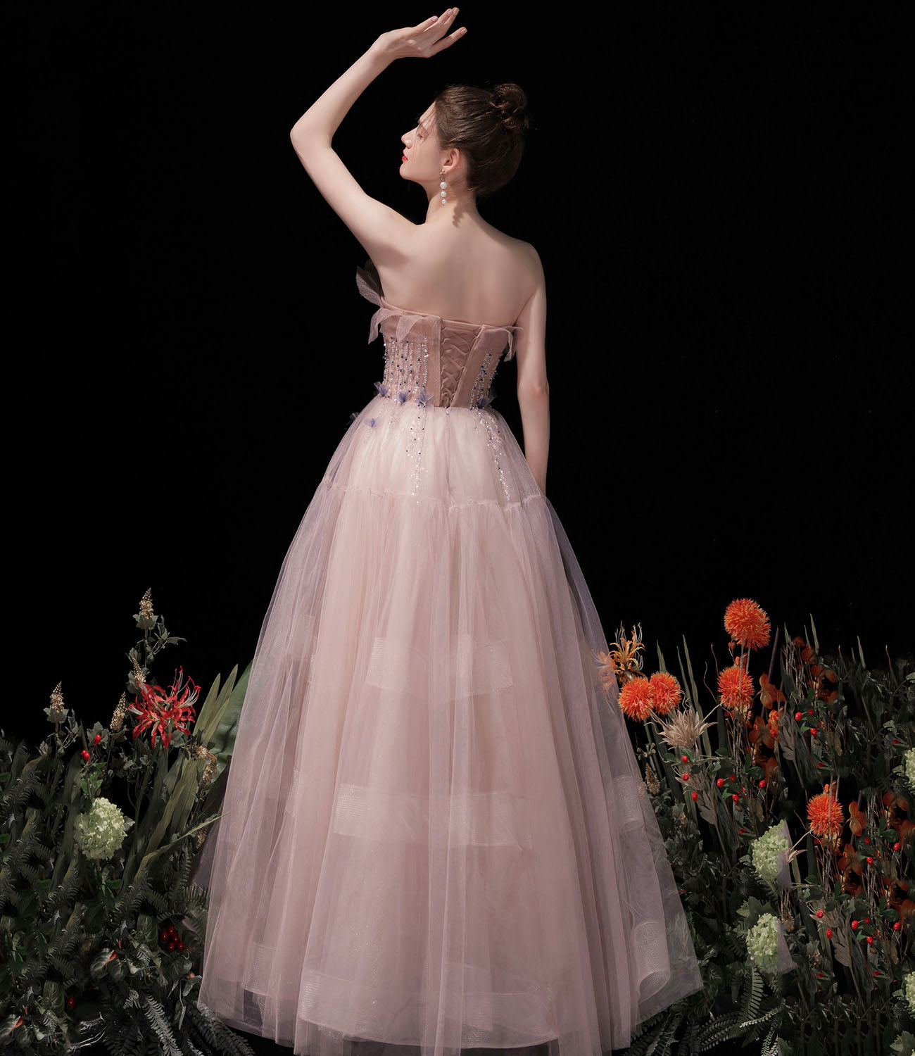 Rosa Tüll Perlen langes Ballkleid A-Linie Abendkleid 10429