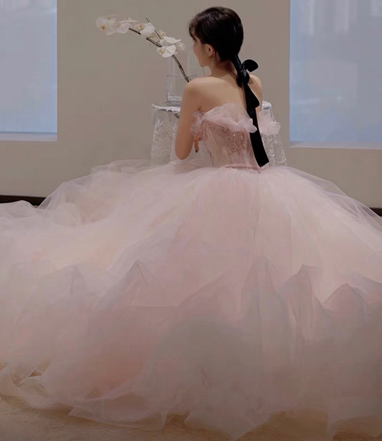 Rosa Tüll Pailletten langes Abendkleid A-Linie Abendkleid 10302