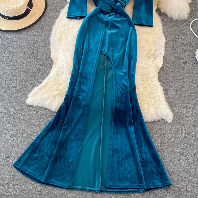 Robe longue en velours à col en V élégante Fahsion Dress 10938