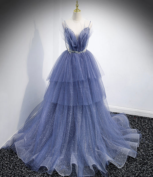Blaues Tüll langes Ballkleid A-Linie blaues Abendkleid 8864