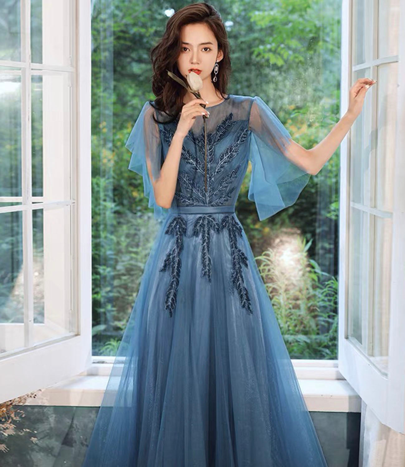 Blaues langes Ballkleid aus Tüllspitze blaues Abendkleid 10286