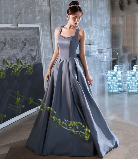 Langes Ballkleid aus blauem Satin Abendkleid in A-Linie 10442