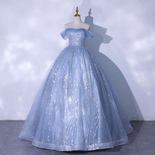 Blue tulle sequins long ball gown dress formal gown  10187