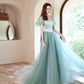 Green satin tulle long prom dress green evening dress  10618