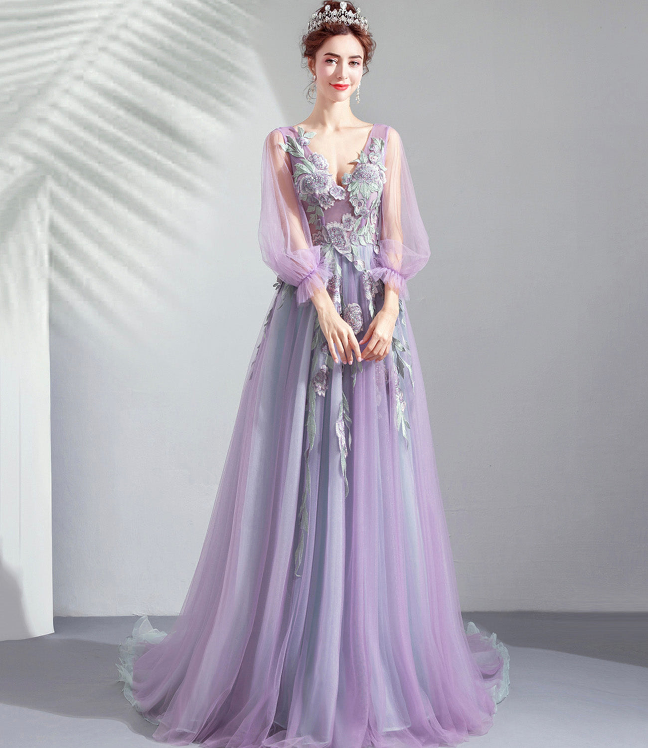 Purple tulle lace long prom dress A line evening dress  10552
