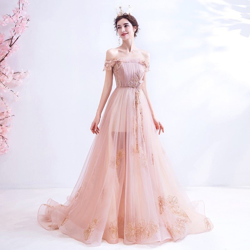 Rosa Tüll langes A-Linie Ballkleid Rosa Abendkleid 10129