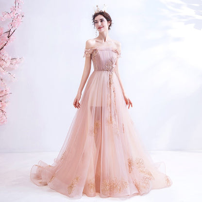 Rosa Tüll langes A-Linie Ballkleid Rosa Abendkleid 10129