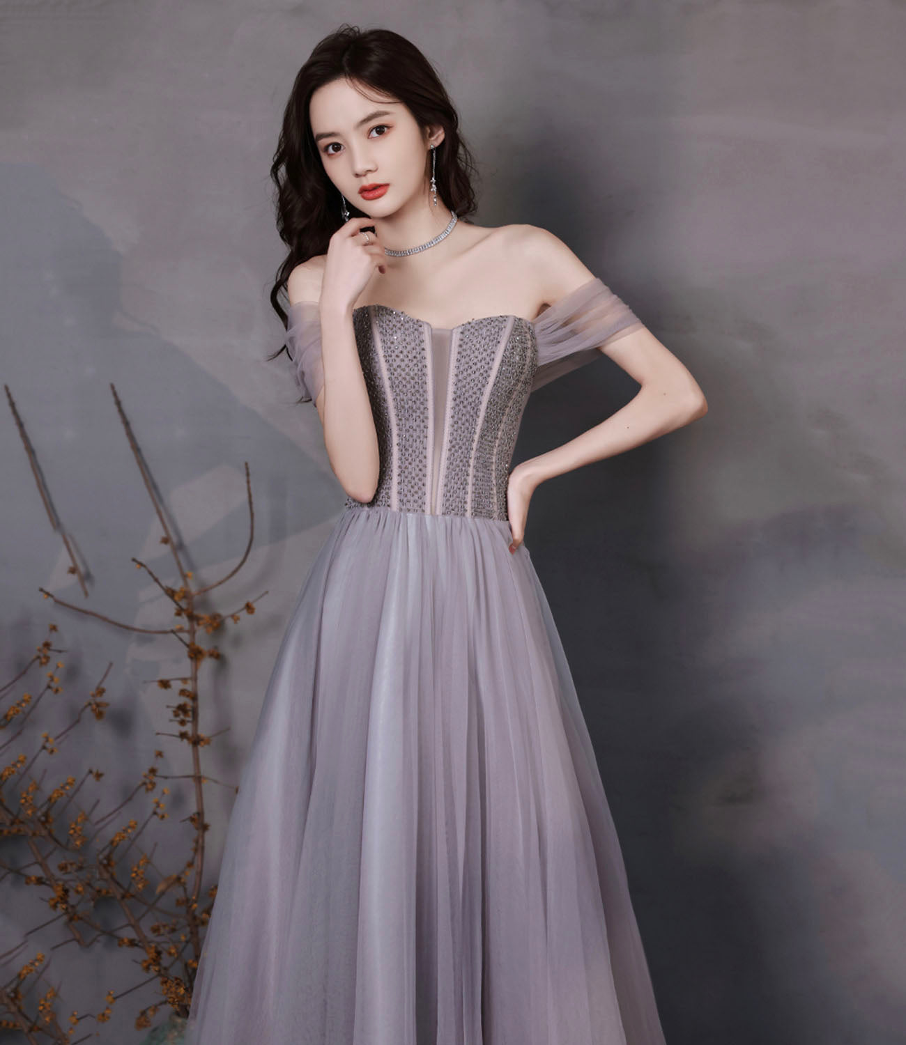 Süßes Tüll Perlen langes Ballkleid A-Linie Abendkleid 10319