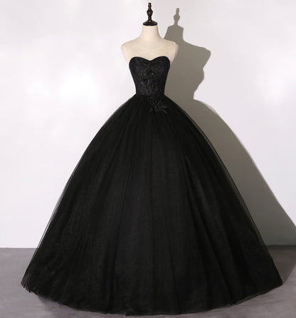 Schwarzes, zartes, florales A-Linien-Ballkleid aus Tüll mit Blumenmuster, lang 8641