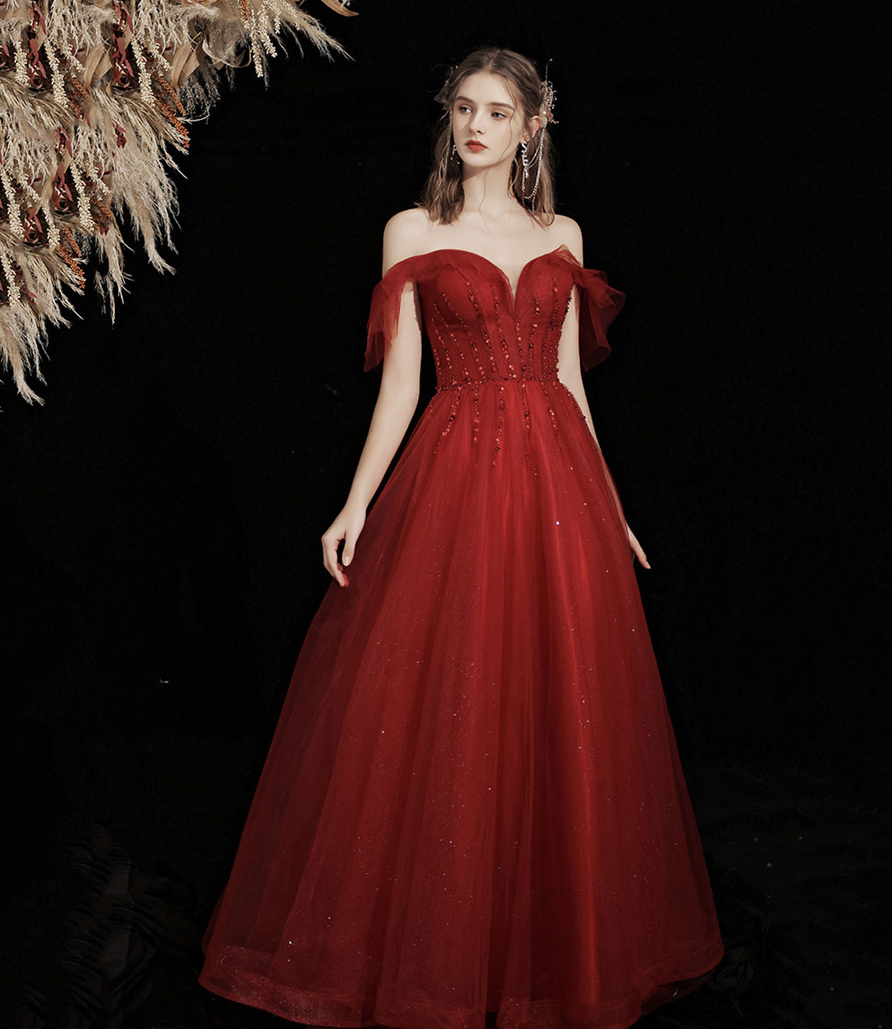 Burgund Tüll Perlen langes Ballkleid A-Linie Abendkleid 10428