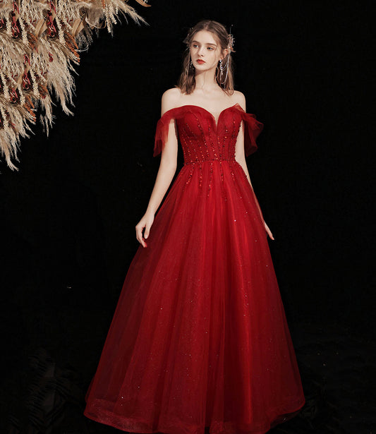 Burgundy tulle beads long prom dress A line evening gown  10428