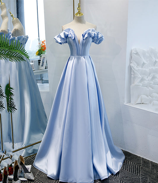 Langes Ballkleid aus blauem Satin in A-Linie blaues Abendkleid 8746