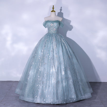 Robe de soirée longue en tulle bleu à paillettes 10062