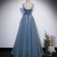 Blue satin tulle long prom dress A line evening dress  10268