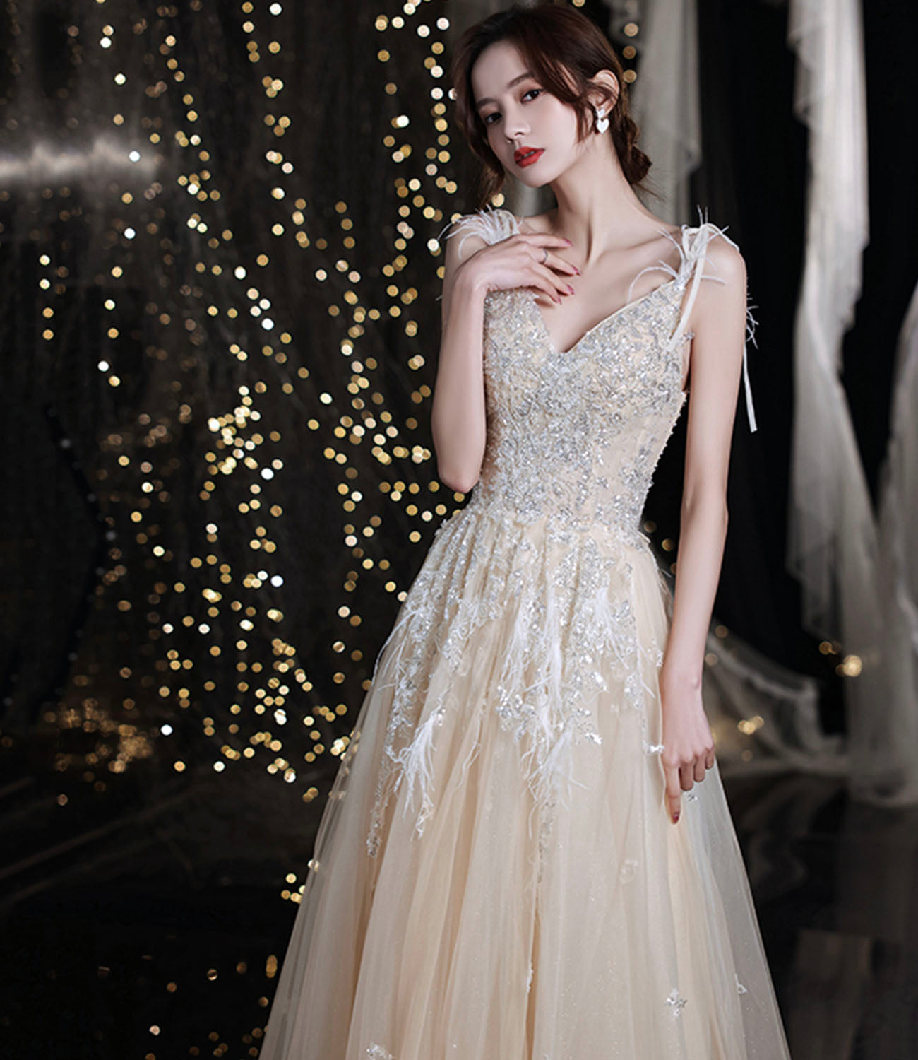 Champagner Tüll Pailletten langes Ballkleid Abendkleid 10281