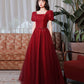 Burgundy satin tulle long prom dress A line evenig dress  10383
