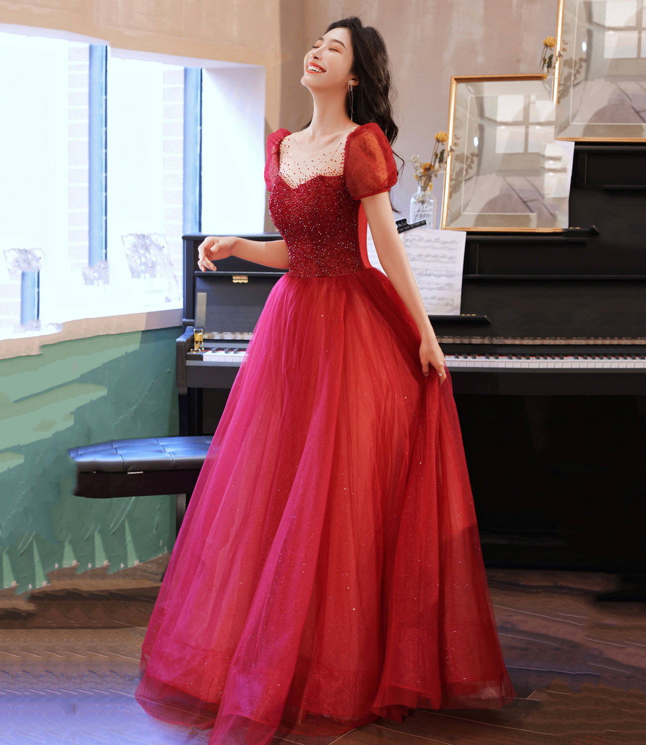 Burgund Tüll Perlen langes Ballkleid Abendkleid 10214