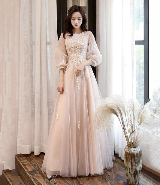 Pink Elegant Fashion A-line Lace Long sleeves Long Tulle Ball Gown Evening Gown Bridesmaid Dress  10468