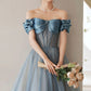 Blue tulle long A line ball gown dress evening gown  10287