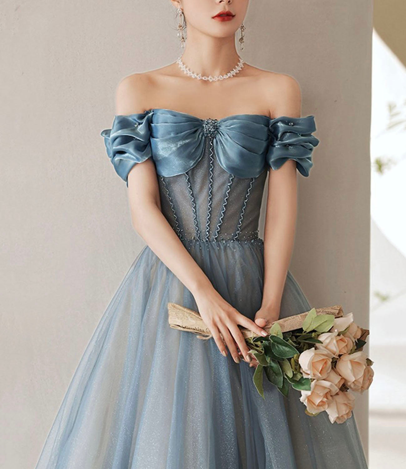 Blue tulle long A line ball gown dress evening gown  10287
