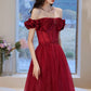 Burgundy tulle beads long prom dress evening dress  10584