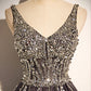 Stylish v neck tulle long prom dress A line evening dress  8640