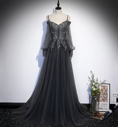 Langes Ballkleid aus grauer Tüllspitze A-Linie Abendkleid 10109