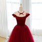 Burgundy velvet tulle long prom dress A line evening gown  10580