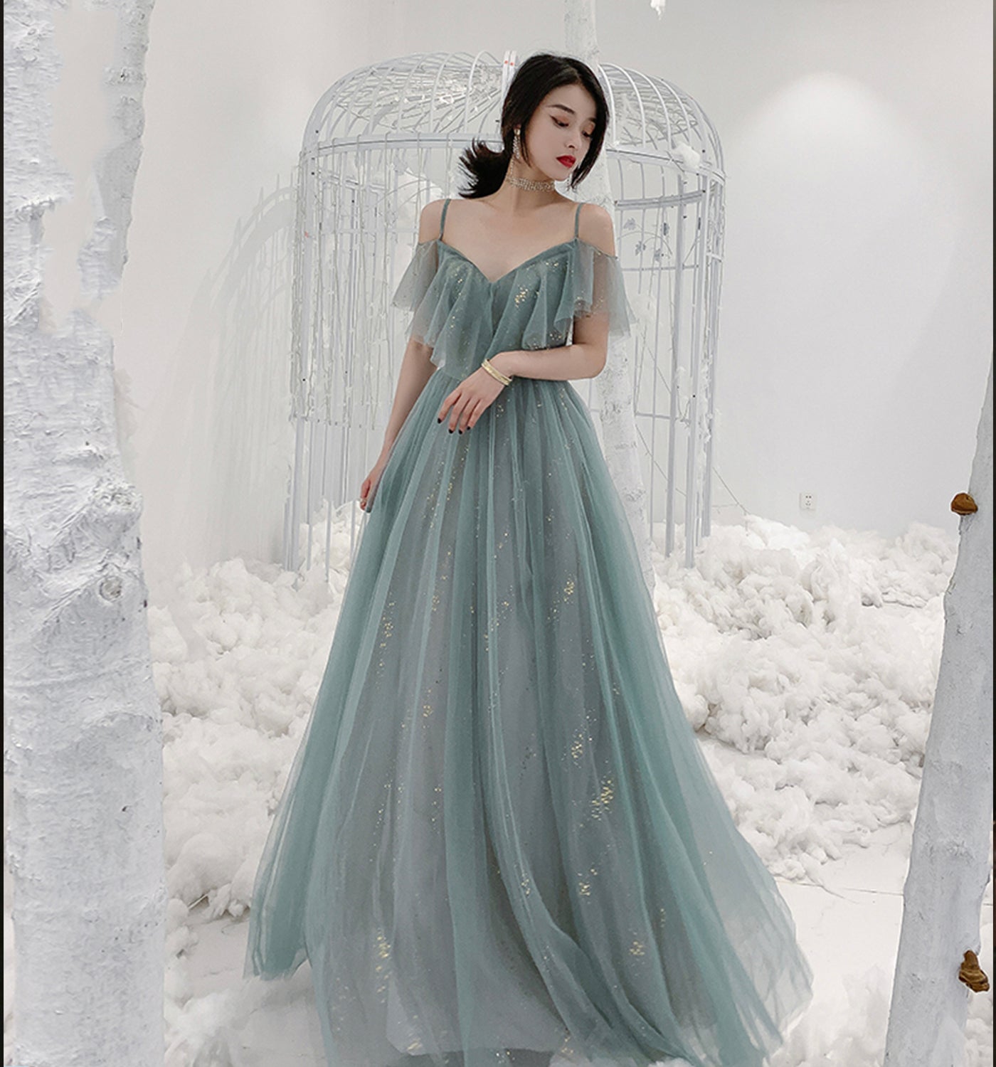 Cute tulle long A ine prom dress evening gown  10137